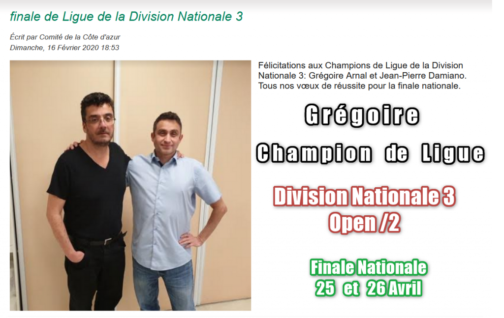 Champion de Ligue en Division Nationale 3 par paires.